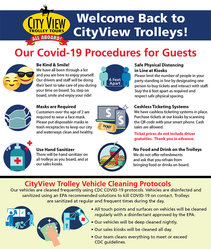 Our COVID-19 Procedures for guests, CityView Trolley vehicle cleaning protocols