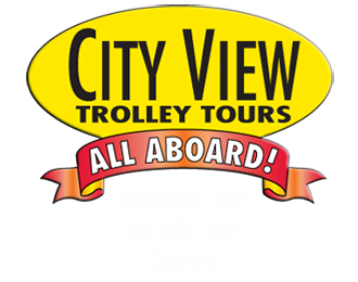 CityView logo, CityView Trolley Tours, all aboard, hop on hop off