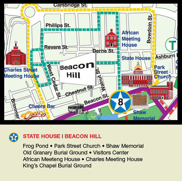 state house, beacon hill, frog pond, park street church, shaw memorial, old granary burial ground, visitors center, african meeting house, charles meeting house, king's chapel burial ground
